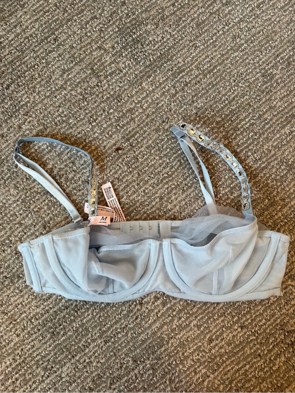 Victoria’s Secret Blue Mesh Underwire Balconette Bra Rhinestone Straps M NWT